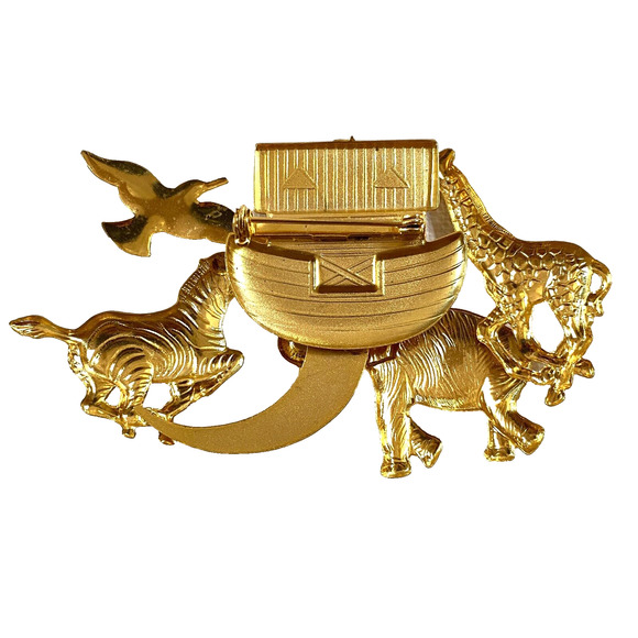 Noahs Ark 3" Brooch Pin Gold Tone Crystals Christian Religious Animals Bible NEW - Picture 3 of 5